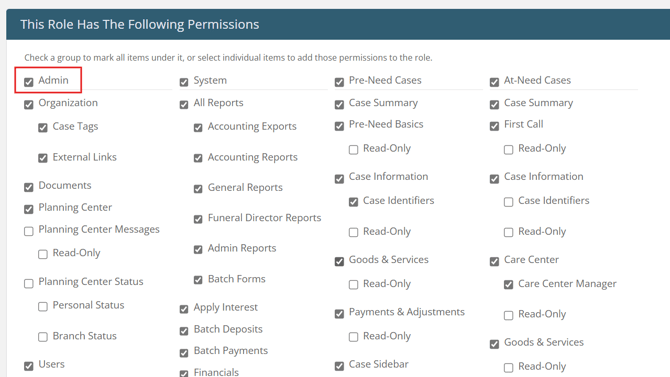 Permissions checkboxes