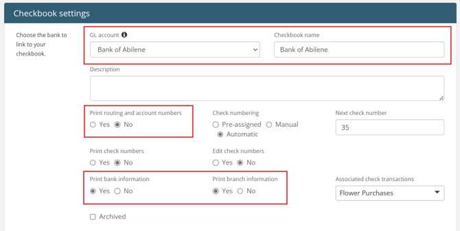Checkbook name and print settings