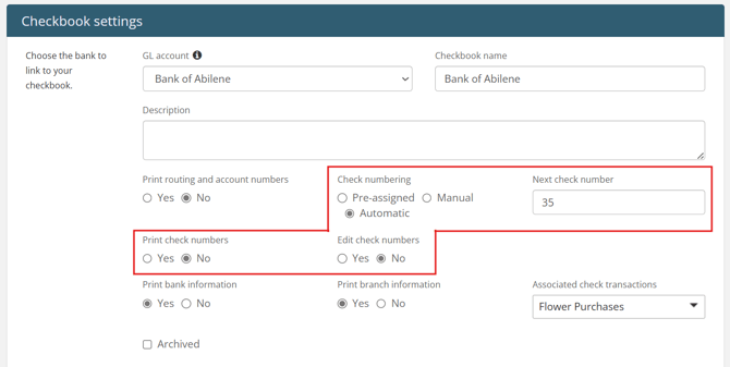 Check numbering settings