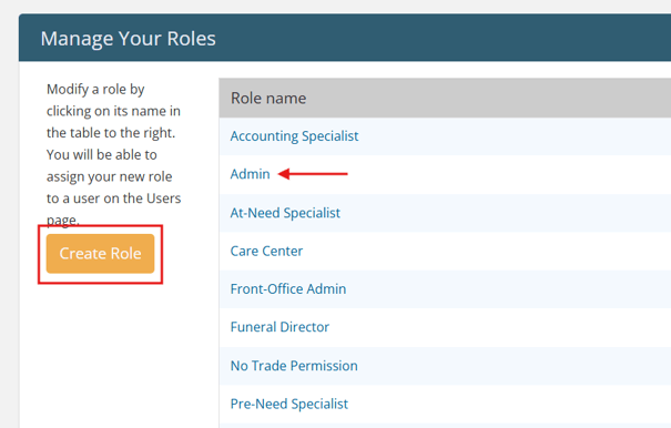 Manage roles page with Create role button