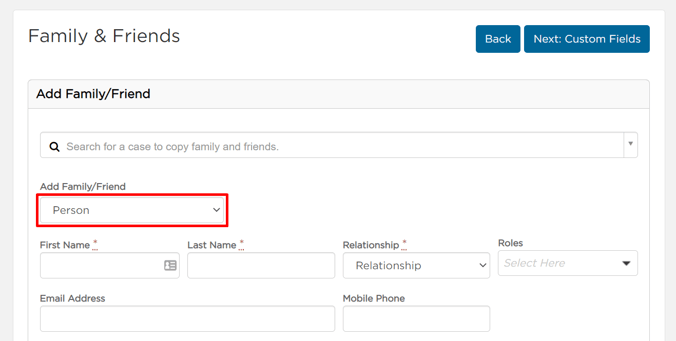 Add family/friend page, highlighting entry type