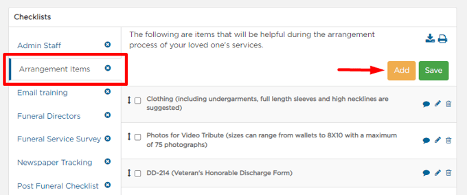 Case checklist page