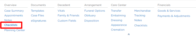 Case navigation with checklist highlighted