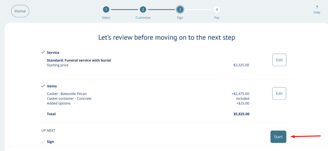 Start signing button