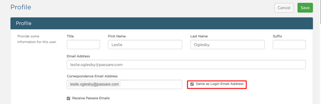 Check the box for Same as Login Email Address if the email will be the same as the one you use to log into Passare.