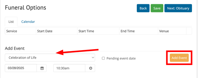 Select Event type, Date, and Time > Add Event