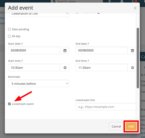 In the Event modal that appears, checkmark ☑️ Livestream event > Add.  And Save.