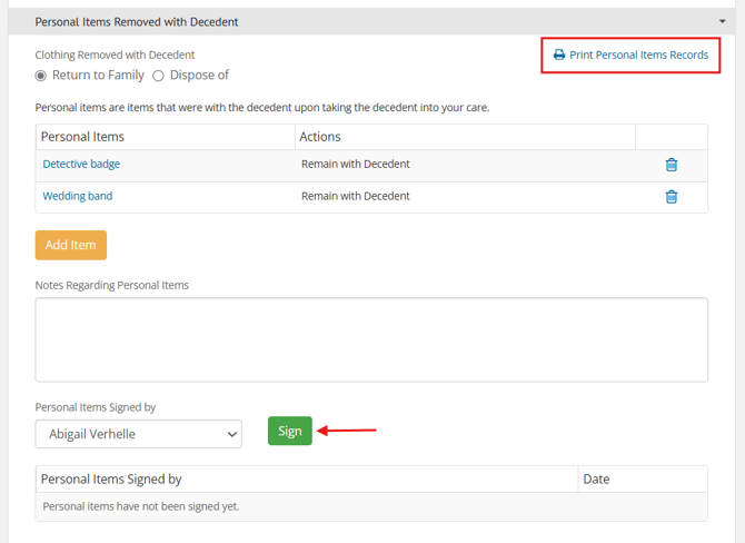 Print personal items record link and sign button