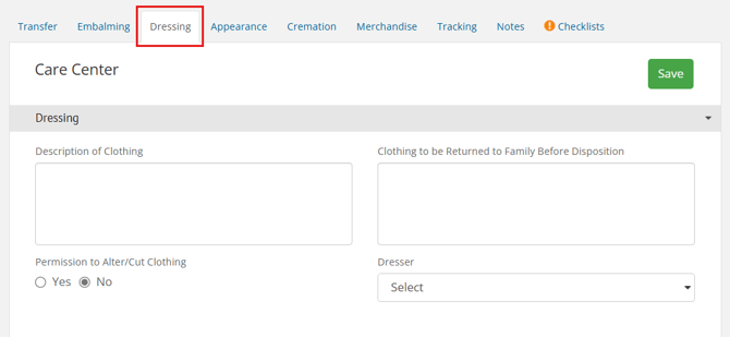 Dressing page showing clothing fields