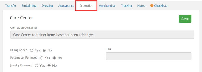 Cremation page showing ID tag, pacemaker, and jewelry radio buttons
