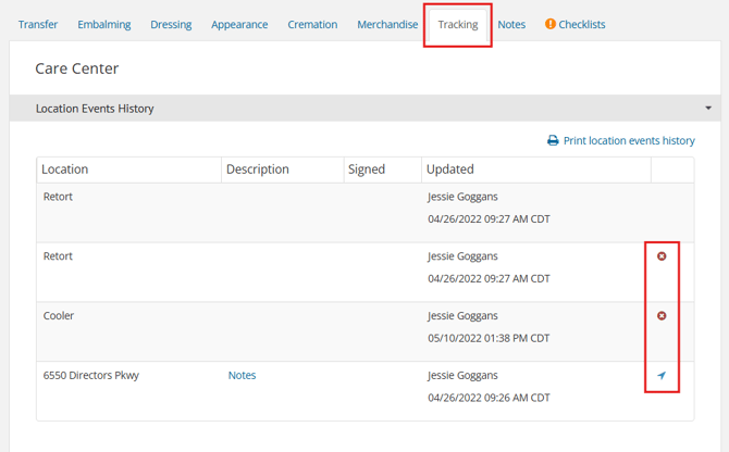 Tracking > Location Events History