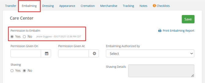 Embalming page with authorization fields