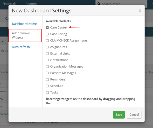 Add/remove widget section of dashboard modal
