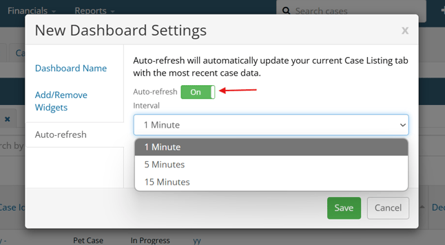 Auto-refresh section of dashboard modal