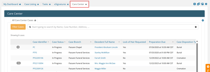 Care Center dashboard
