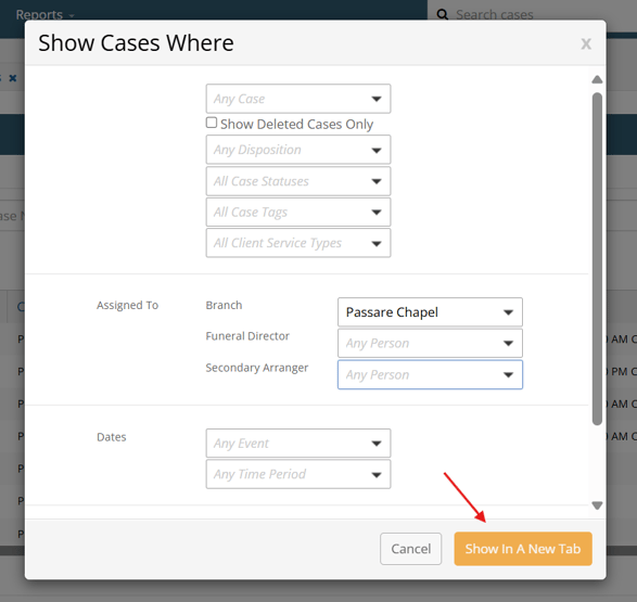 Filter cases modal
