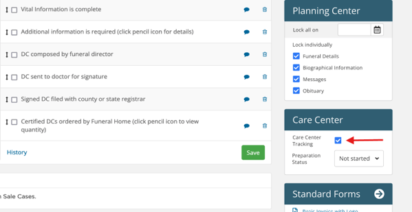Care Center Tracking checkbox in case information sidebar