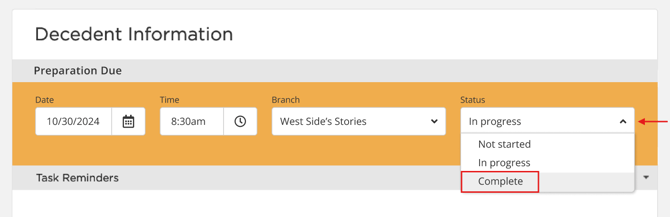 Preparation Due section showing orange with status dropdown open