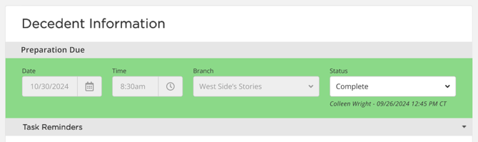Preparation Due section showing green and a Complete status