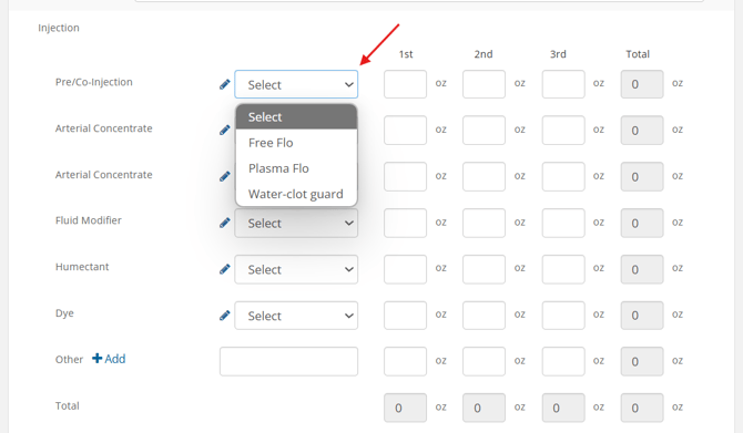 Injection dropdown on Care Center > Embalming