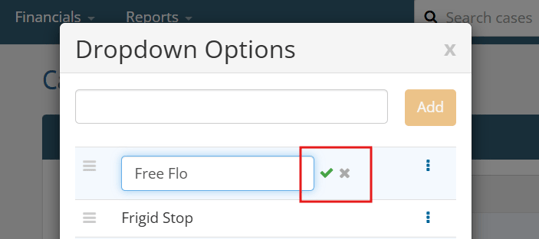 Green check mark and gray x next to edit dropdown option edit field