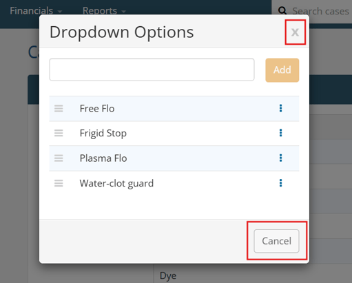Cancel and x buttons on dropdown option modal