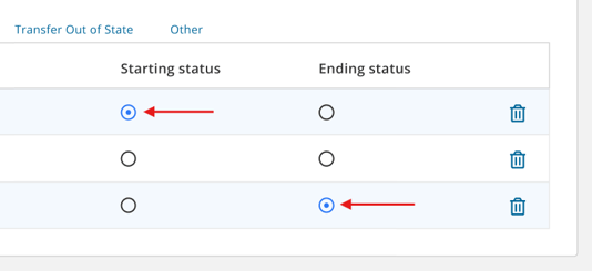 Starting and ending status radio buttons