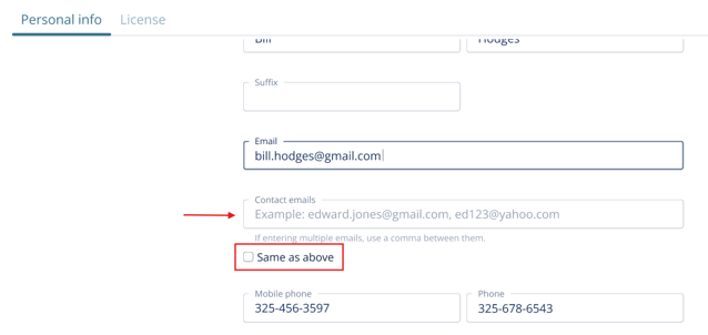 Profile > Personal info page showing email fields