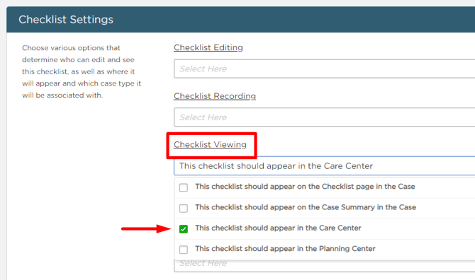 Select Checklist Viewing setting