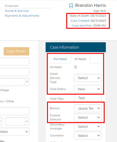 Case information sidebar