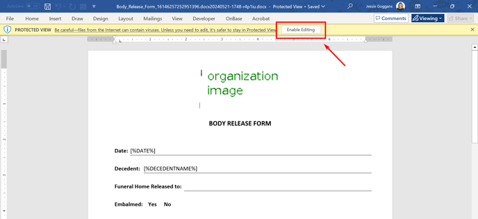 Enable editing button on Word document