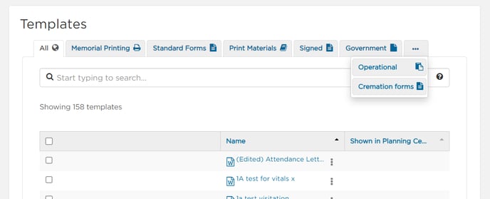 Template categories in a case
