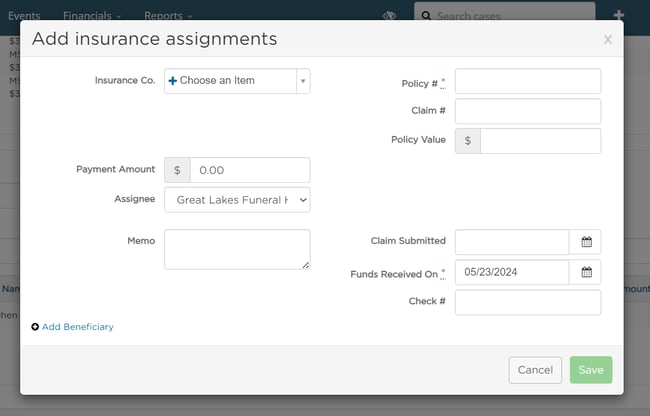 Insurance assignment details modal