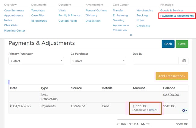 Batch payment on Payments & Adjustments page