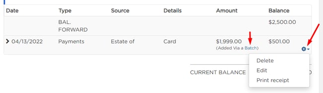 Gear icon next to payment on Payments & Adjustments page