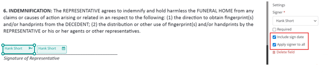 Signature field selected with Include sign date and Apply signer to all settings checked