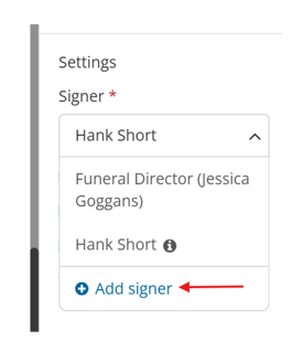 Signer dropdown showing Add signer option