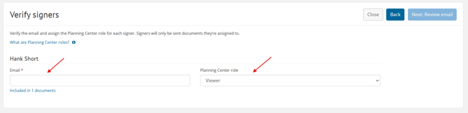 Verify signers page with an empty email field and Planning Center role selected as Viewer