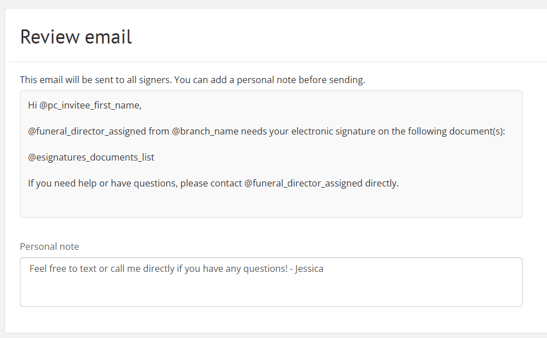 Review email page showing eSignature email template and personal note