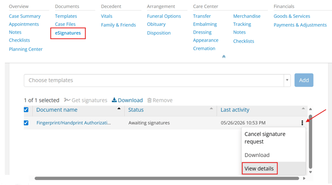 eSignatures page of the case with ellipsis open and View details boxed in red
