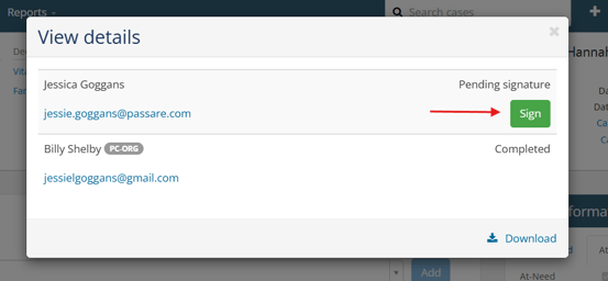 View details modal with green Sign button next to funeral director's name