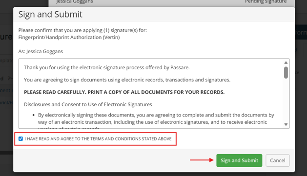 Terms and conditions modal with Sign and submit button