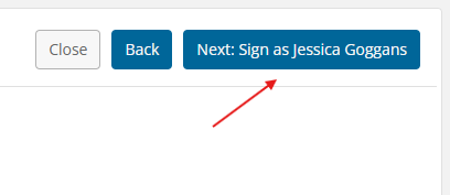 Blue button that reads Next: Sign as Jessica Goggans