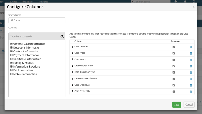 Configure Columns modal