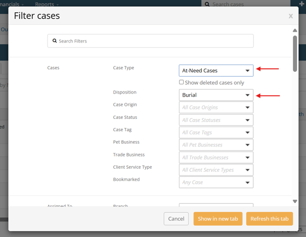 Filter cases modal with At-need and Burial settings selected