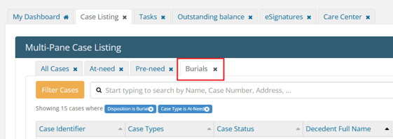 Newly added "Burials" tab