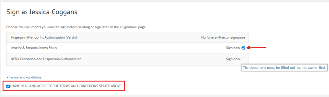Sign as Jessica Goggans page showing two checkboxes labeled "Sign now" next to document names