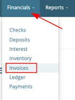 Navigation path to invoices page. Financials > Invoices