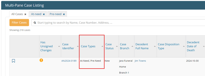 Case types column showing pre-need and at-need