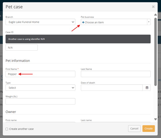 Pet case creation modal